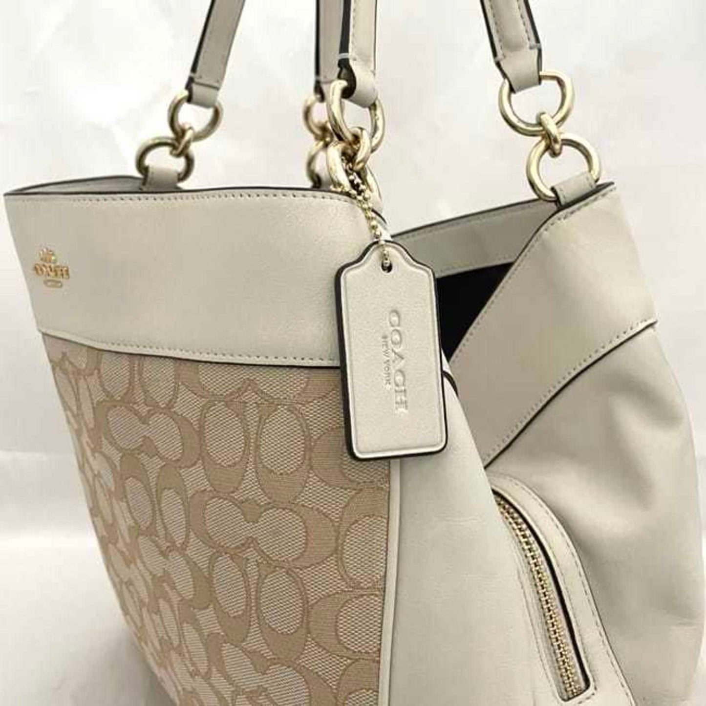 Coach Tote Bag Ec-23009 White Cream Signature F27579 Leather Canvas Coach Genuine