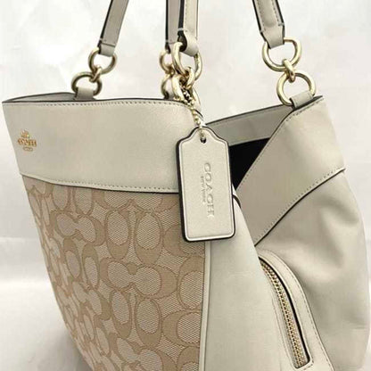 Coach Tote Bag Ec-23009 White Cream Signature F27579 Leather Canvas Coach Genuine