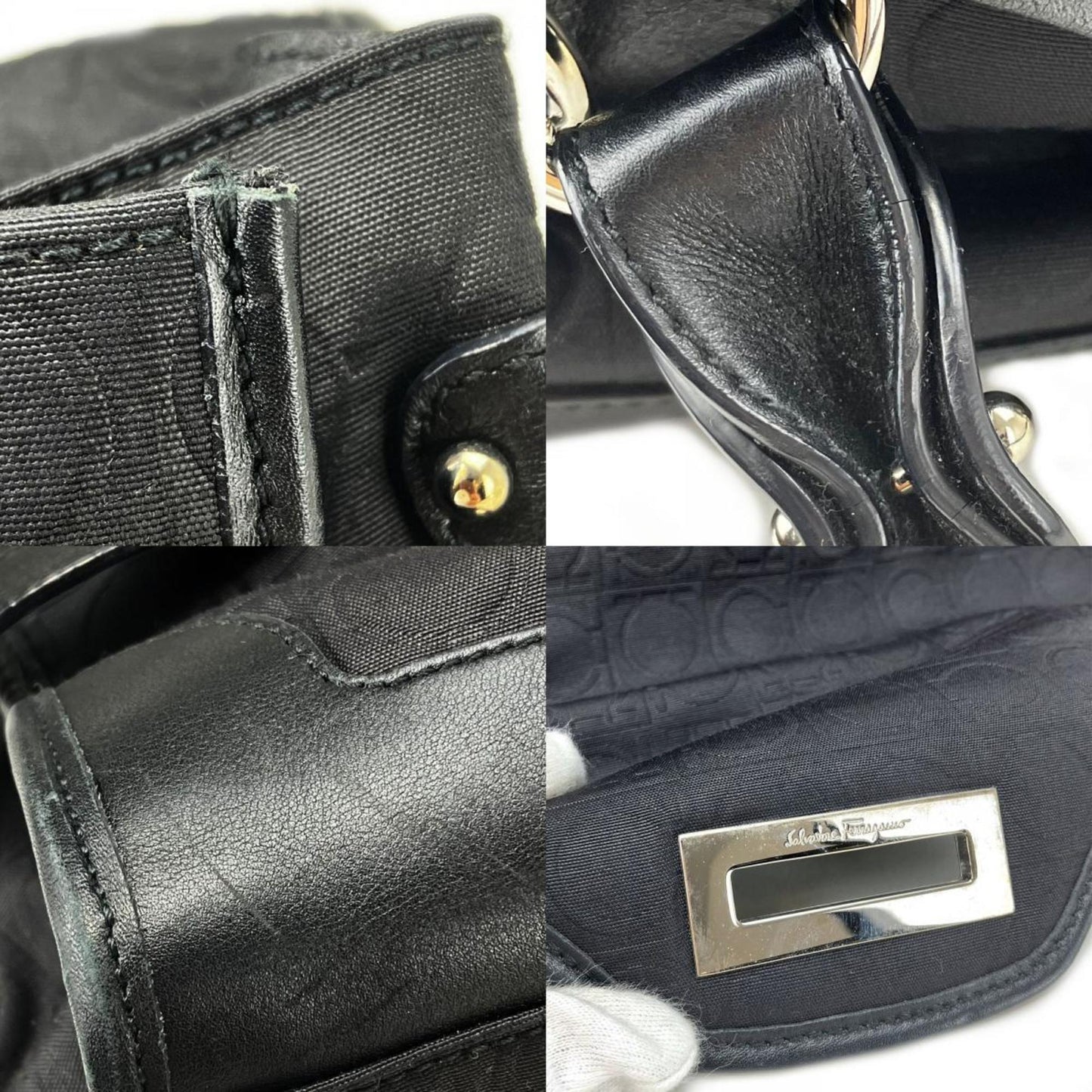 Salvatore Ferragamo Handbag Ex-21 4913 Gancini Canvas Leather Black Shoulder Bag