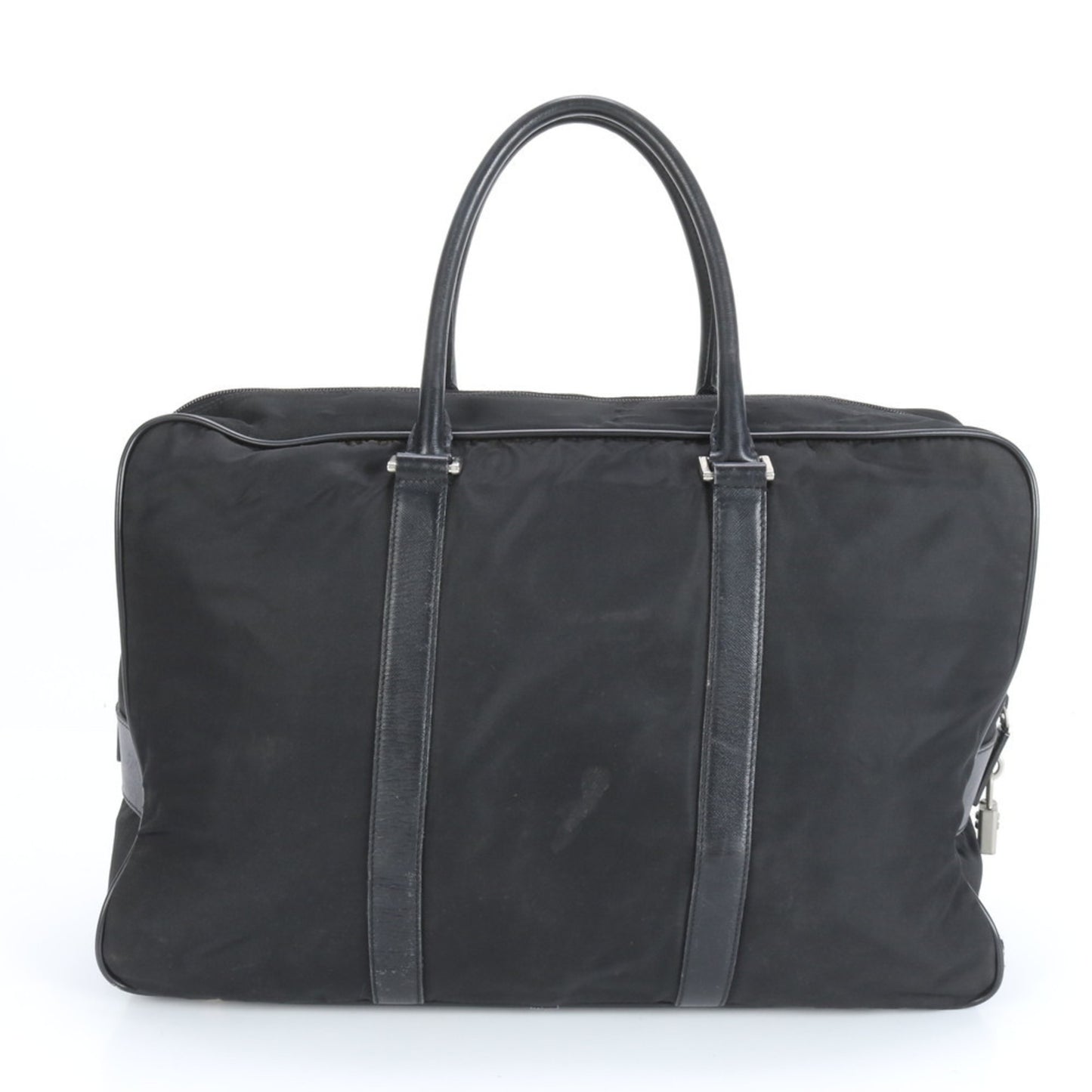 Prada Tessuto Nylon Triangular Logo Leather Boston Bag Tote Travel Black