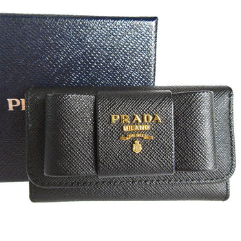 Prada Key Case Ribbon Leather Metal Black Gold