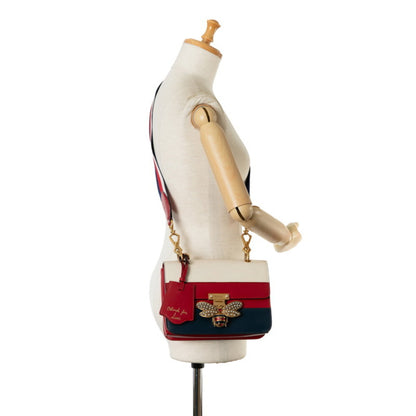 Gucci Queen Margaret Bee Tricolor Shoulder Bag 476542 White Red Navy Leather