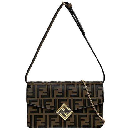 Fendi 2-Way Chain Shoulder Bag Brown Ff Diamond Zucca 8M0488 F-20403 Leather Fendi Flap Embossed