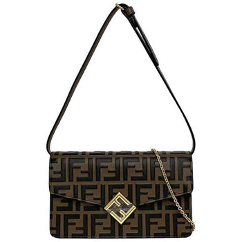 Fendi 2-Way Chain Shoulder Bag Brown Ff Diamond Zucca 8M0488 F-20403 Leather Fendi Flap Embossed