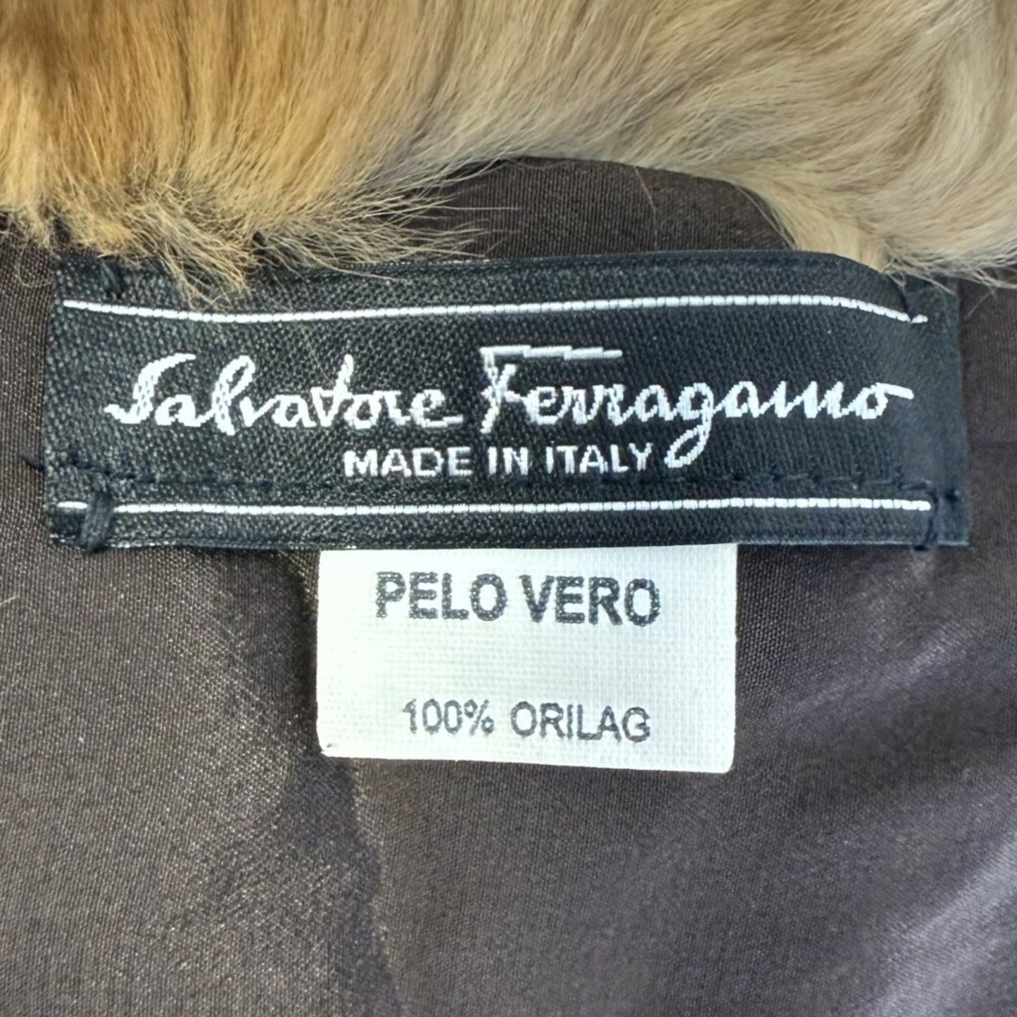 Salvatore Ferragamo 100% Silk Lining Fur Orirag Scarf Tippet Brown Beige