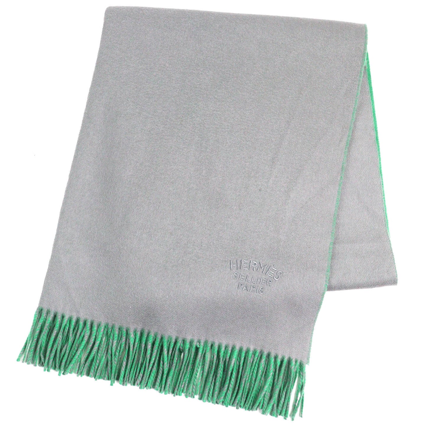 Hermes 100% Cashmere Logo Embroidered Two-Tone Fringed Large Shawl/Stole/Scarf