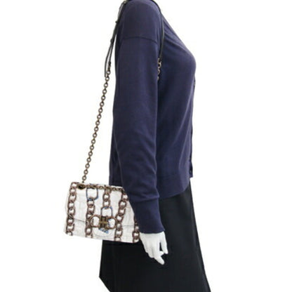 Salvatore Ferragamo Shoulder Bag 21H455 Off-White And Dark Brown Fabric Leather Chain With Gancini