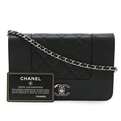 Chanel Mademoiselle Matelasse Chain Wallet Shoulder Bag Pochette Leather Black A80972
