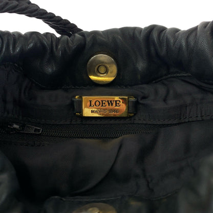 Loewe Vintage Logo Fringe Black Leather Shoulder Bag Drawstring