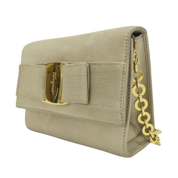 Salvatore Ferragamo Shoulder Bag Aq213202 Vara Ribbon Chain Mini Pochette Suede Greige Waist Pouch