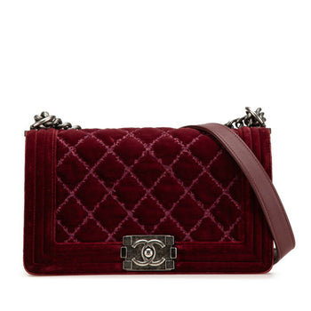 Chanel Boy 25 Coco Mark Chain Shoulder Bag Wine Red Velour