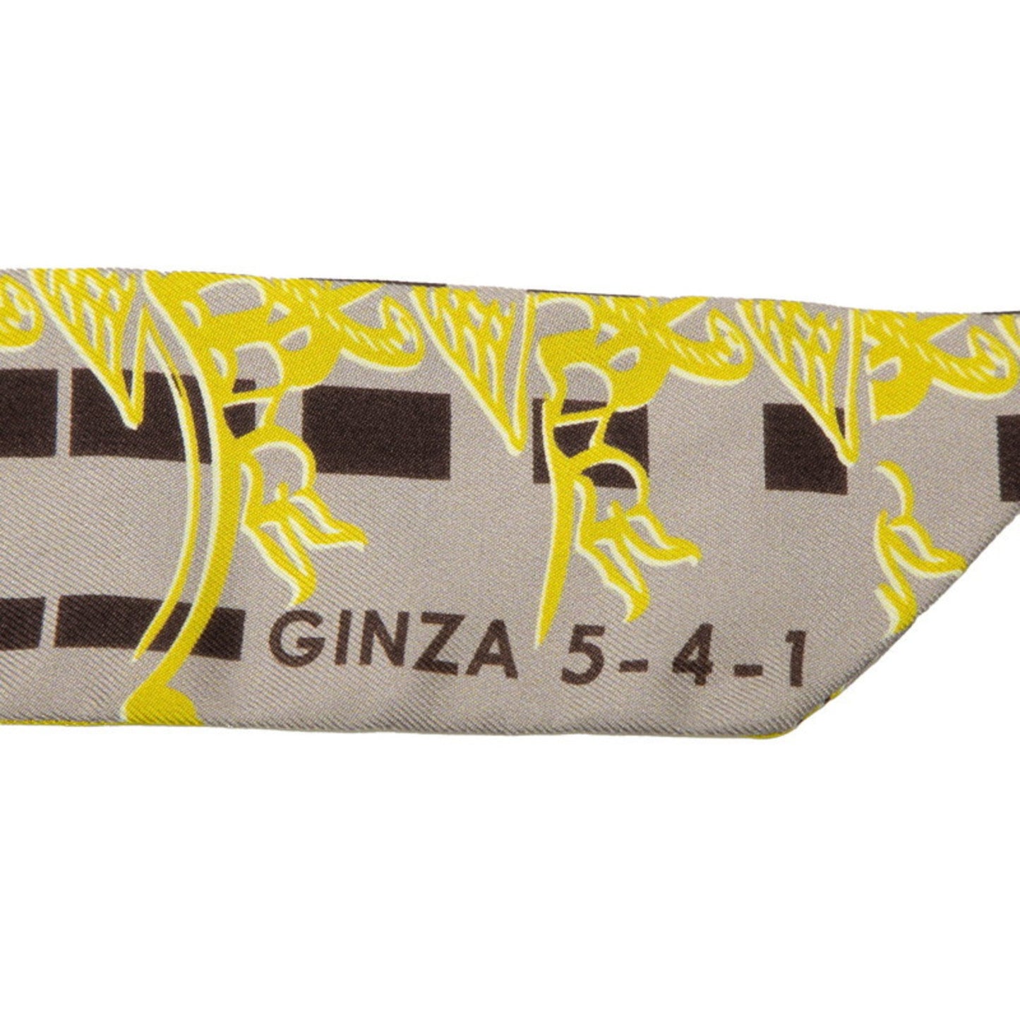 Herms Twilly Ginza 5-4-1 Store 10Th Anniversary Scarf Gray Yellow Brown Silk