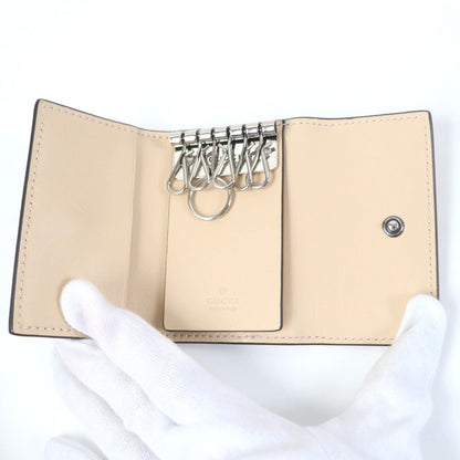 Gucci 795649 Double G Key Case In Beige Leather And Gg Supreme Canvas