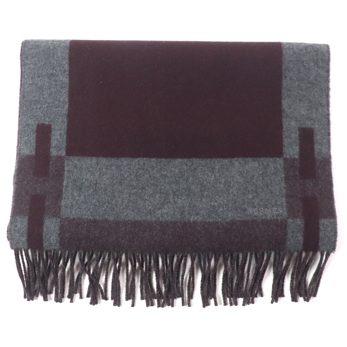Hermes H Passant 100% Cashmere Scarf With Embroidered Logo And Fringe