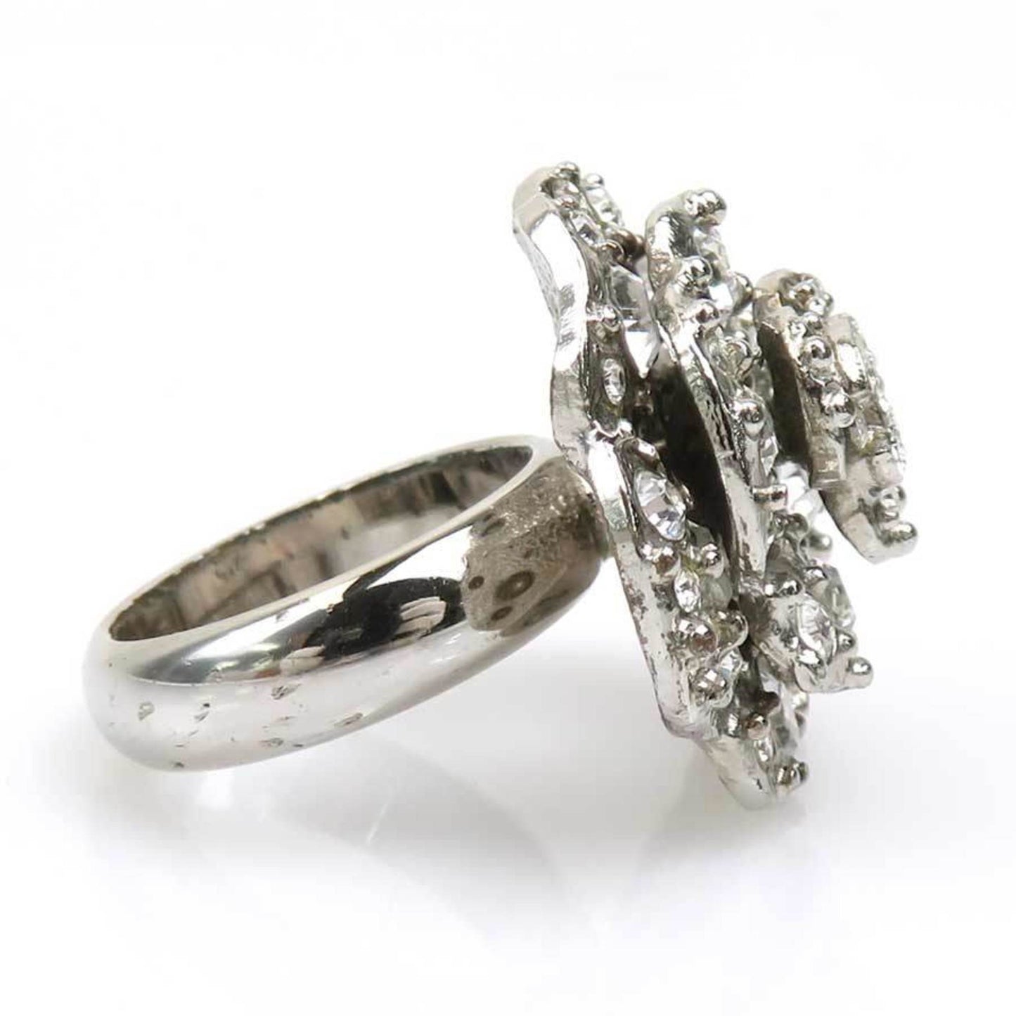 Chanel Camellia Coco Mark Metal Rhinestone Silver Ring