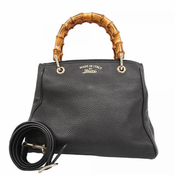Gucci Bamboo Handbag 336032 Leather Black Champagne 2-Way Bag