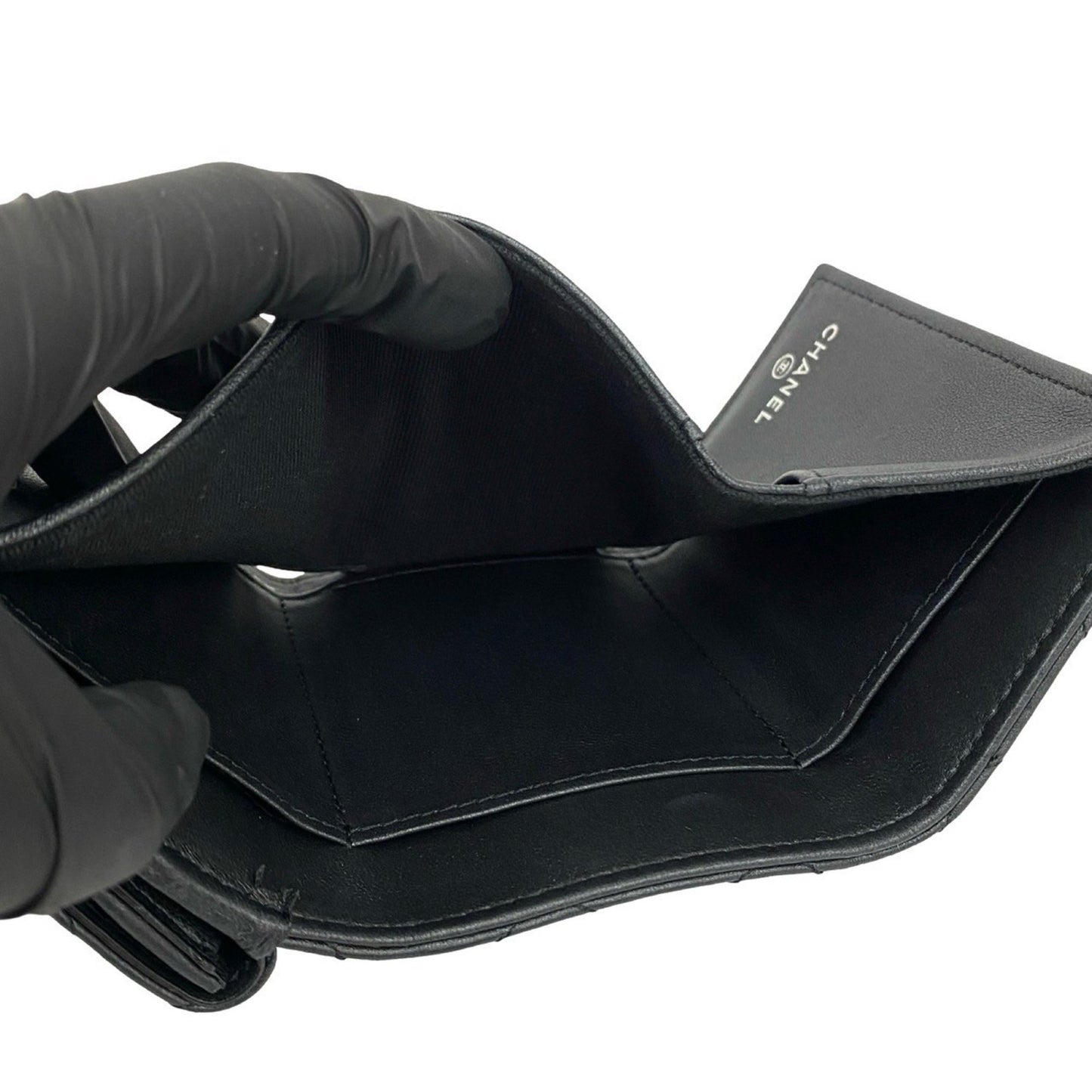 Chanel Matelasse Coco Lambskin Leather Tri-Fold Wallet In Metallic Black E2140