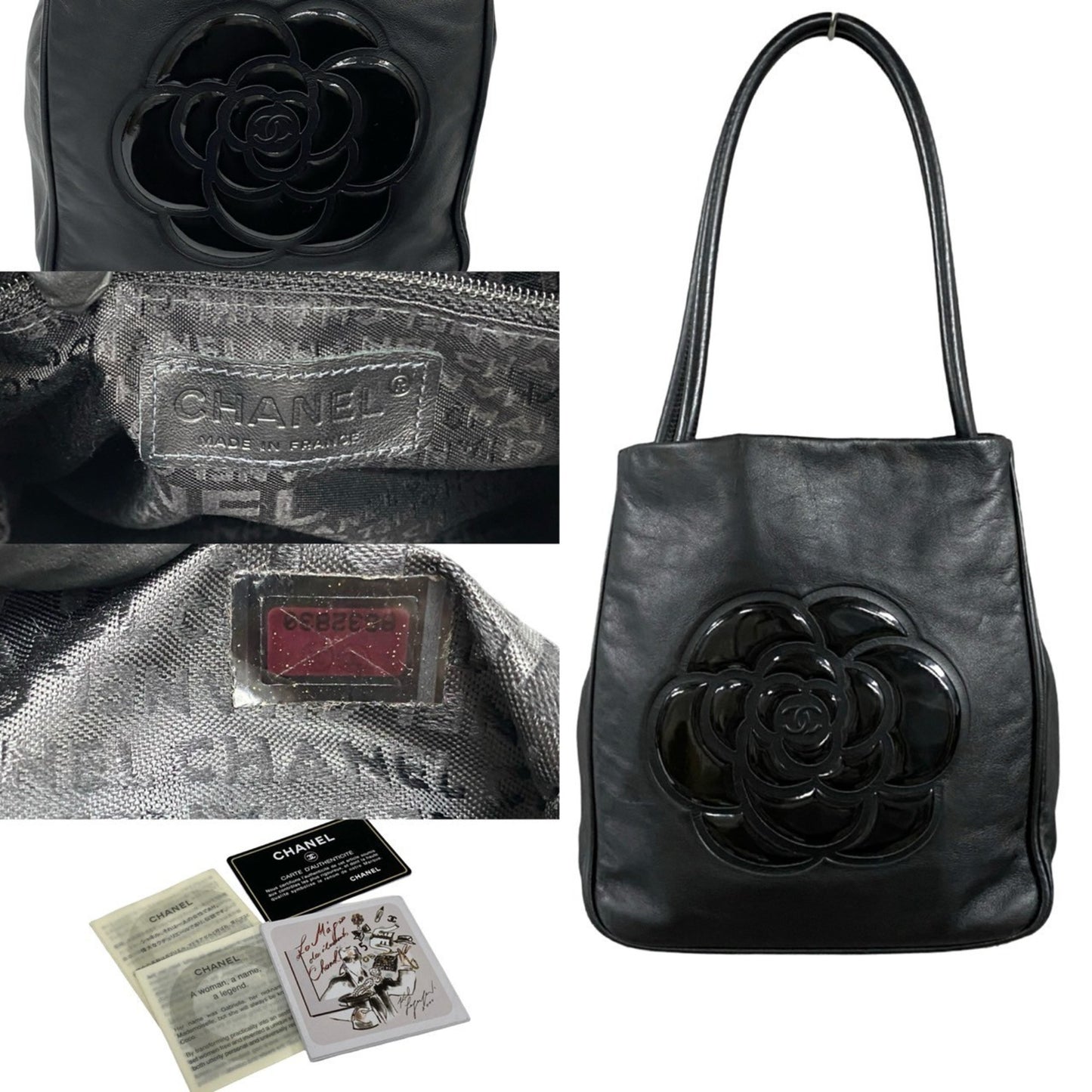 Chanel Camellia Logo Leather Tote Bag Handbag Black 29098