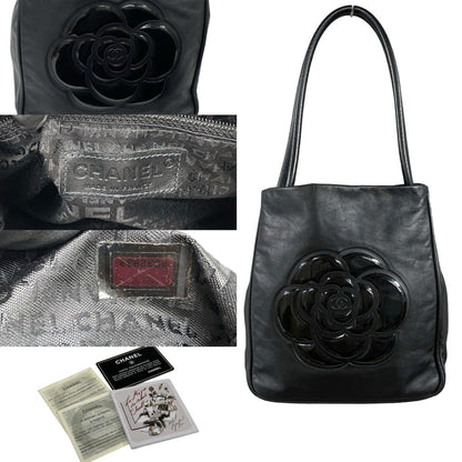 Chanel Camellia Logo Leather Tote Bag Handbag Black 29098