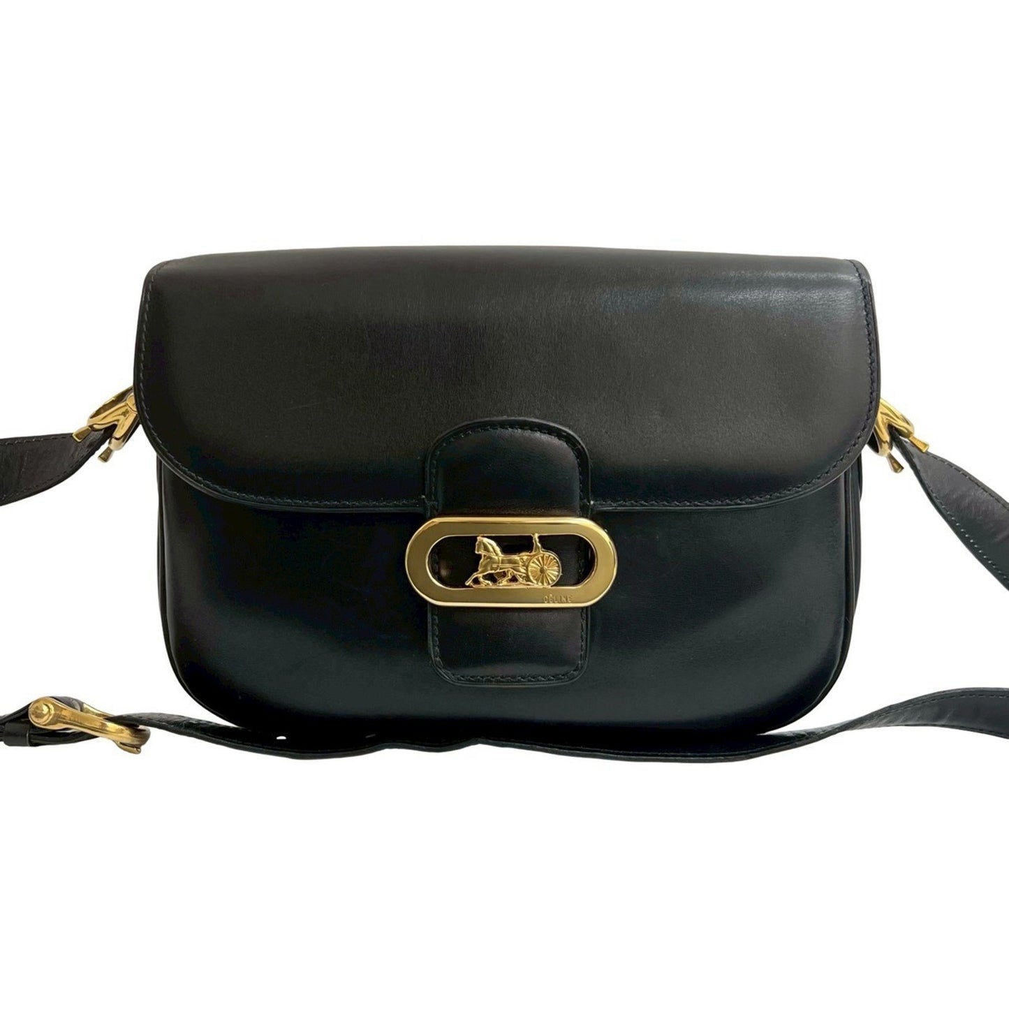 Celine Logo Carriage Calf Leather Shoulder Bag Pochette Black 23612