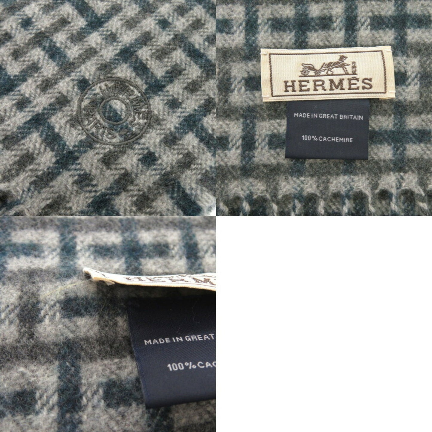 Hermes H Ecosse H394083T 06 Cashmere Green Grey Scarf 0846Hermes