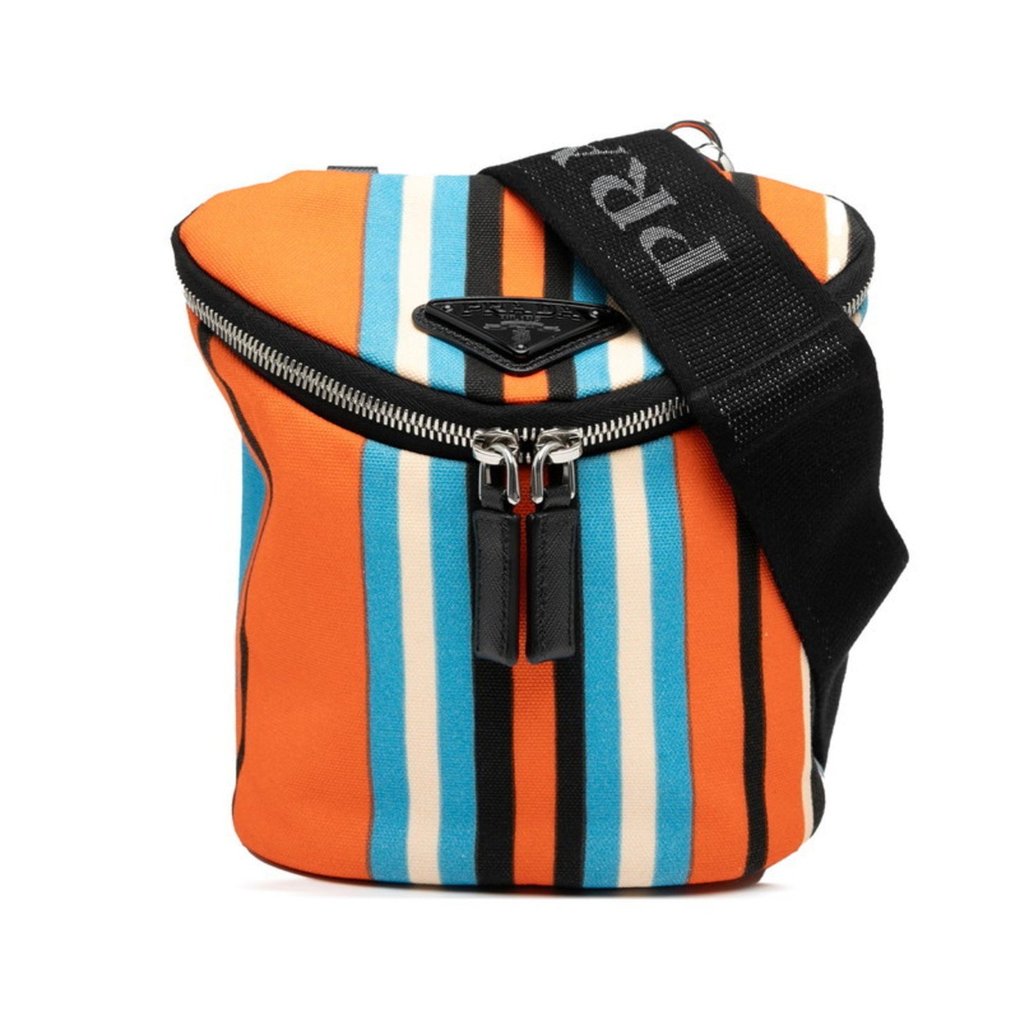 Prada Triangle Logo Plate Striped Shoulder Bag 2Vh147 Orange Black Multicolor Canvas Leather