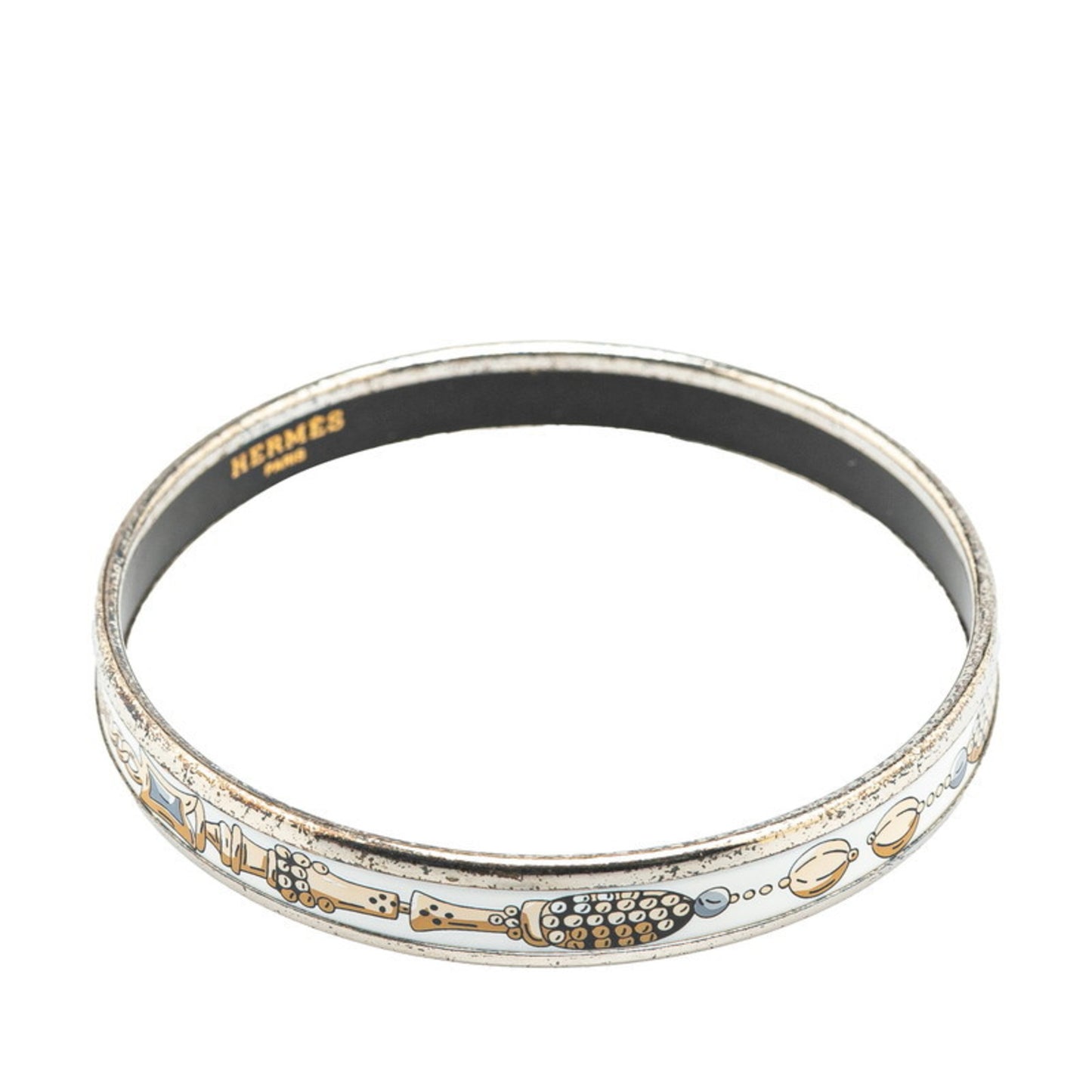 Hermes Enamel Bangle Silver White Multicolor Metal