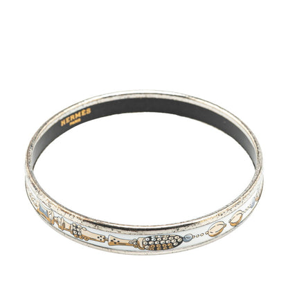 Hermes Enamel Bangle Silver White Multicolor Metal