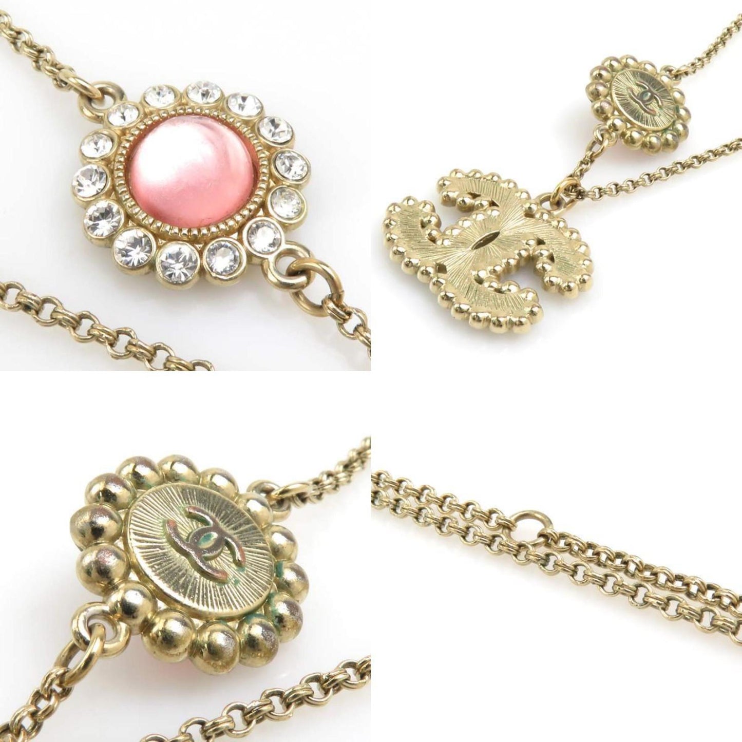 Chanel Necklace Coco Mark Metal Rhinestone Gold Silver Pink