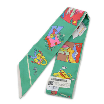 Hermes Herms Twilly Scarf/Muffler: Get Out Your Colored Pencils! Carre Libre Silk Creme Vert