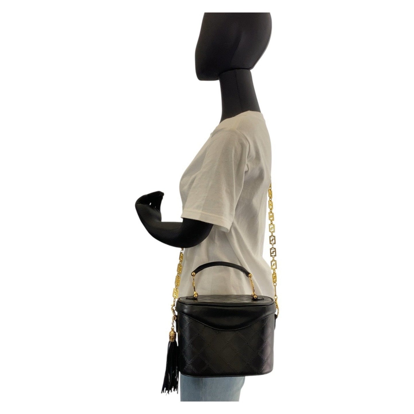 Versace Vintage Medusa Sunburst Black Gold Hardware Leather Shoulder Bag Vanity Handbag 2Way