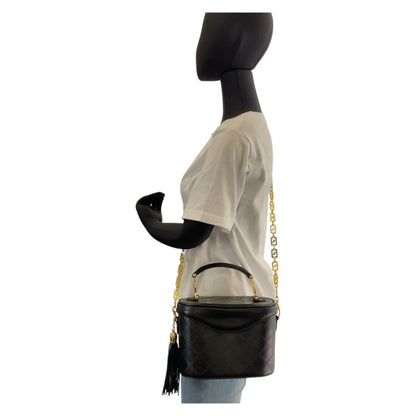 Versace Vintage Medusa Sunburst Black Gold Hardware Leather Shoulder Bag Vanity Handbag 2Way