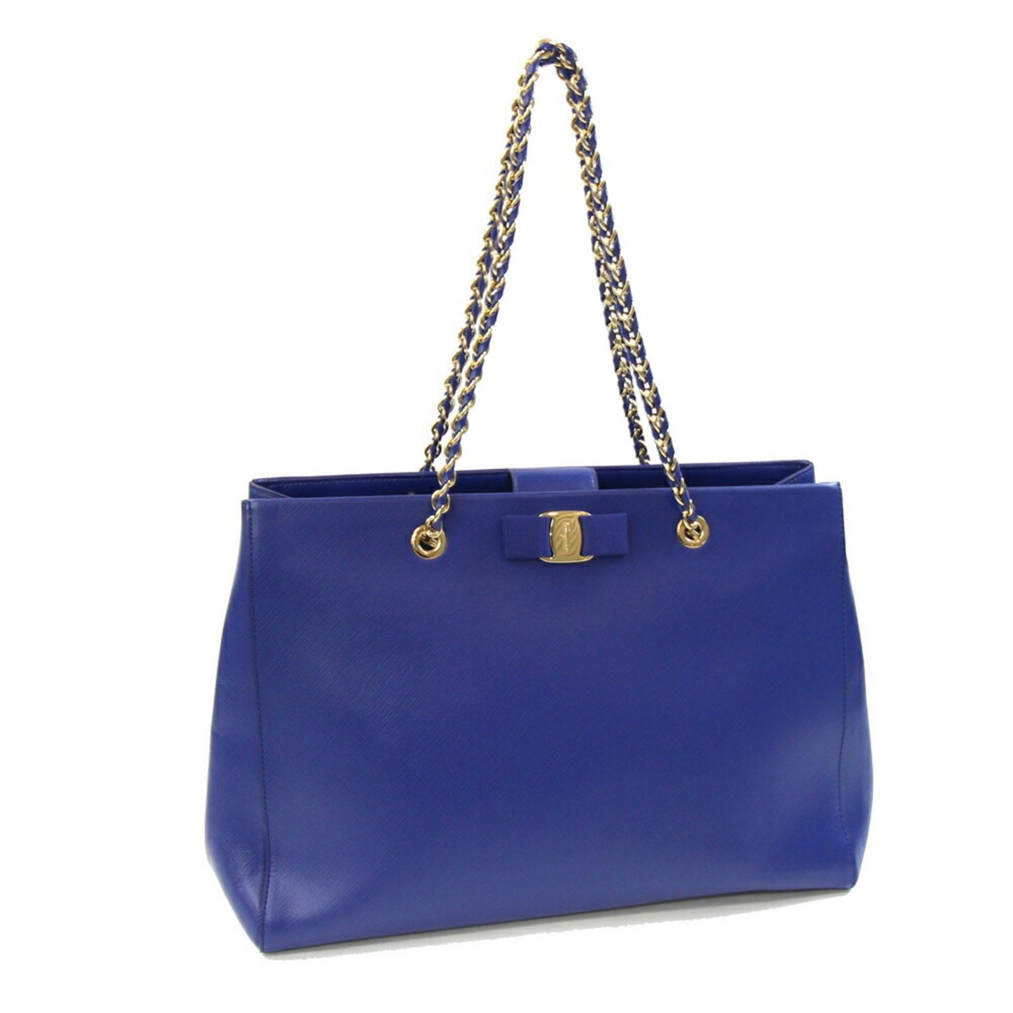 Salvatore Ferragamo Vara Tote Bag 21F561 Royal Blue Leather Chain Shoulder With Ribbon