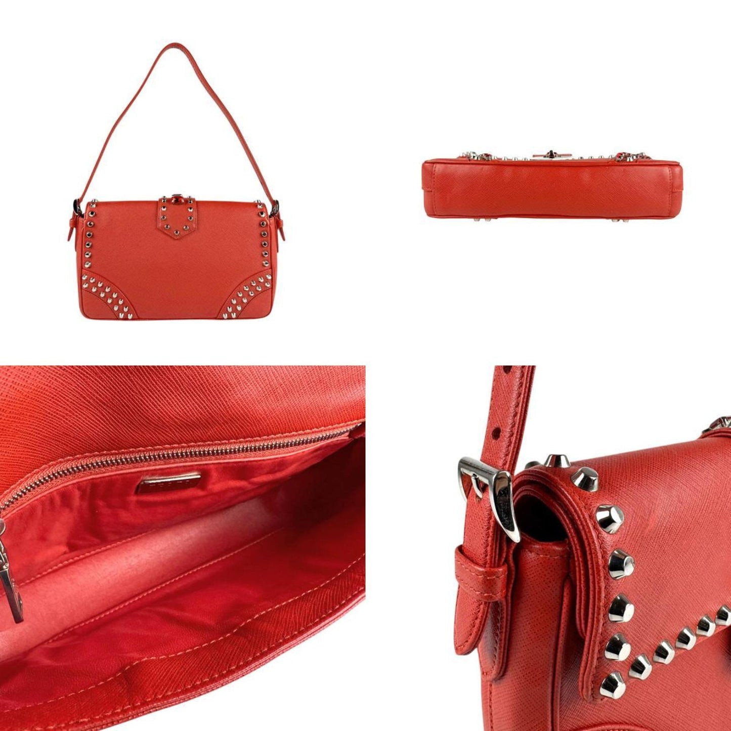 Prada Shoulder Bag Leather Metal Red Silver