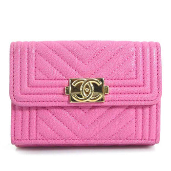 Chanel Tri-Fold Wallet Boy Chanel Caviar Skin Leather Pink Gold