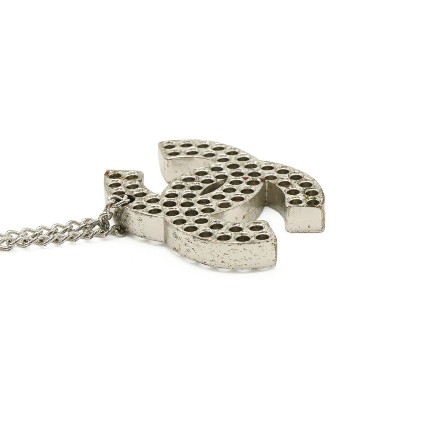 Chanel Coco Mark Punching Necklace Pendant Metal Silver 03 P