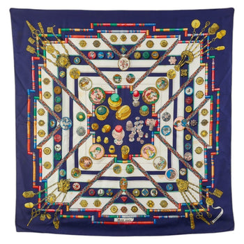 Hermes Carr 90 Pelile Main Seamstress Scarf Muffler Navy Multicolor Silk