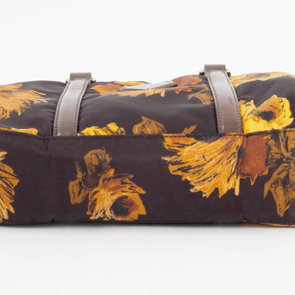 Prada Floral Print Shoulder Bag In Dark Brown