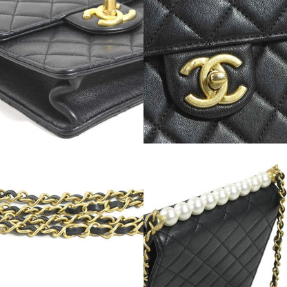Chanel Shoulder Bag Matelasse Leather Faux Pearl Black Off-White Gold