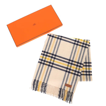 Hermes 100% Cashmere Scarf With Logo Leather Patch And Check Pattern Fringe