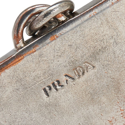 Prada Triangle Logo Plate Key Ring Keychain Silver Black Metal Leather