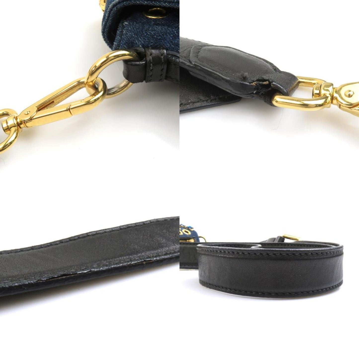 Miu Miu Miu Shoulder Bag Denim Leather Indigo Blue Black Gold