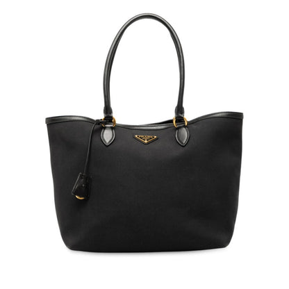 Prada Triangle Logo Plate Tote Bag Shoulder 1Bg158 Black Canvas Leather