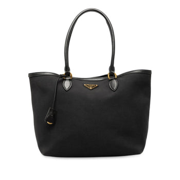 Prada Triangle Logo Plate Tote Bag Shoulder 1Bg158 Black Canvas Leather