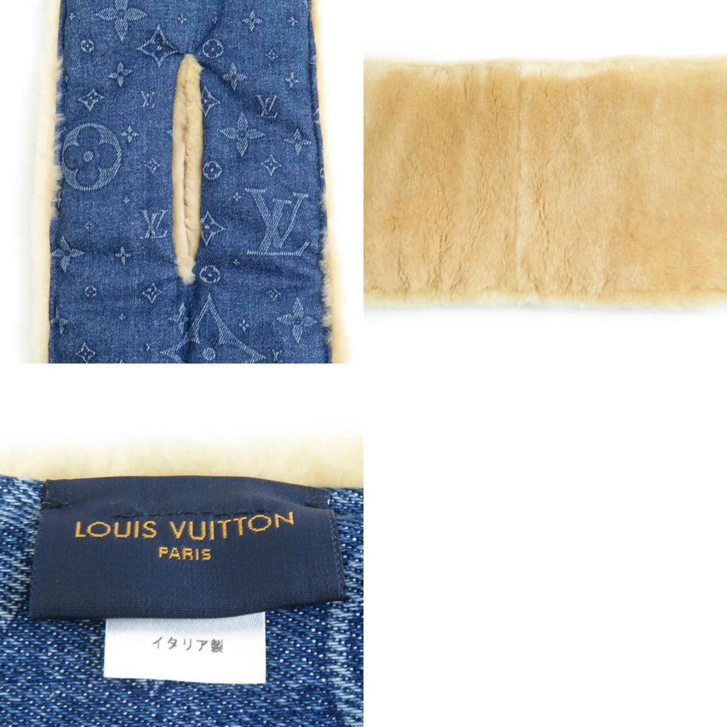 Louis Vuitton Louis Vuitton Stole/Scarf Echarpe Shearling Denim Cotton Sheepskin Blue Beige