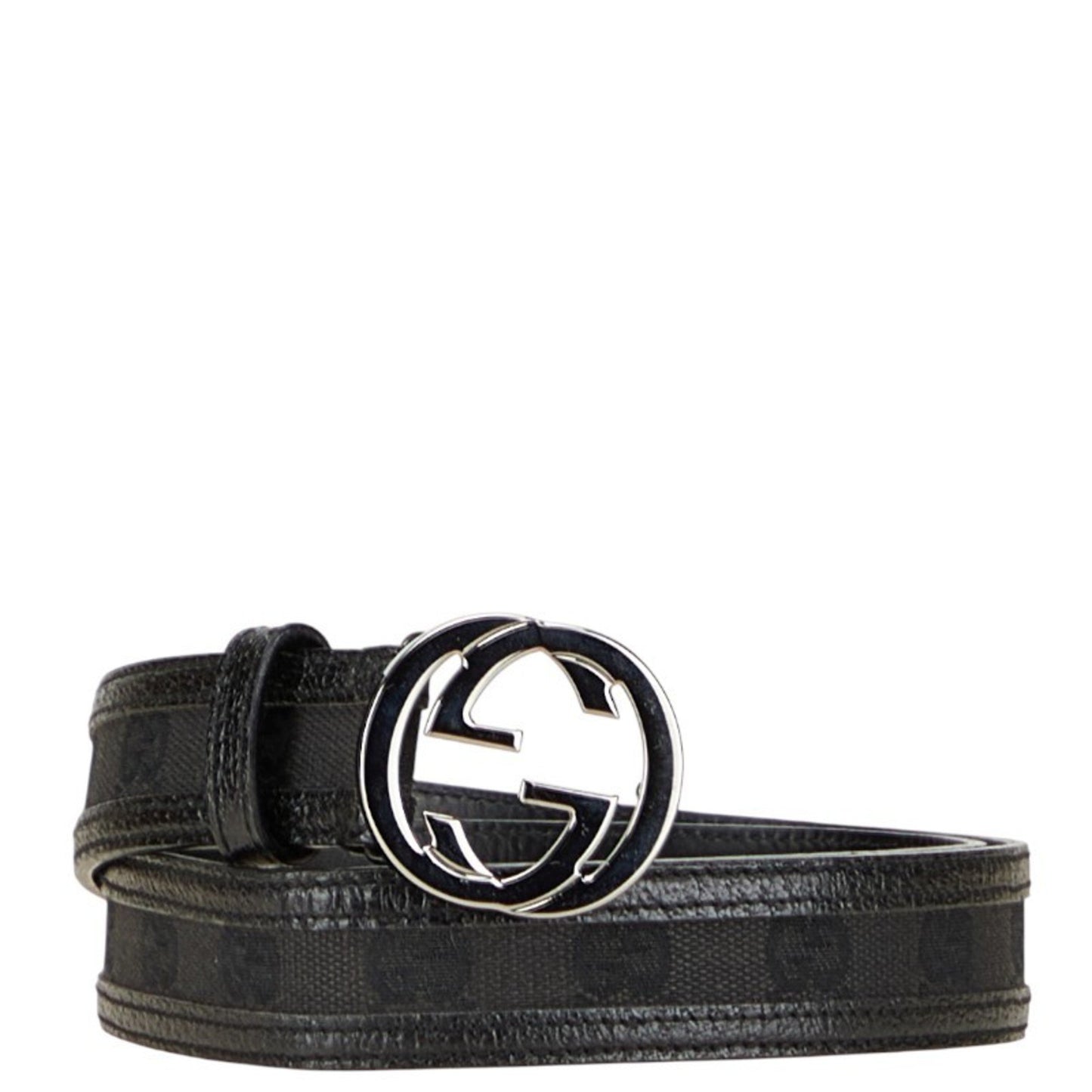 Gucci Gg Canvas Interlocking G Belt 80.32 114874 Black Silver Leather