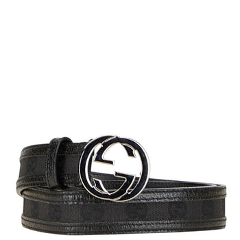 Gucci Gg Canvas Interlocking G Belt 80.32 114874 Black Silver Leather