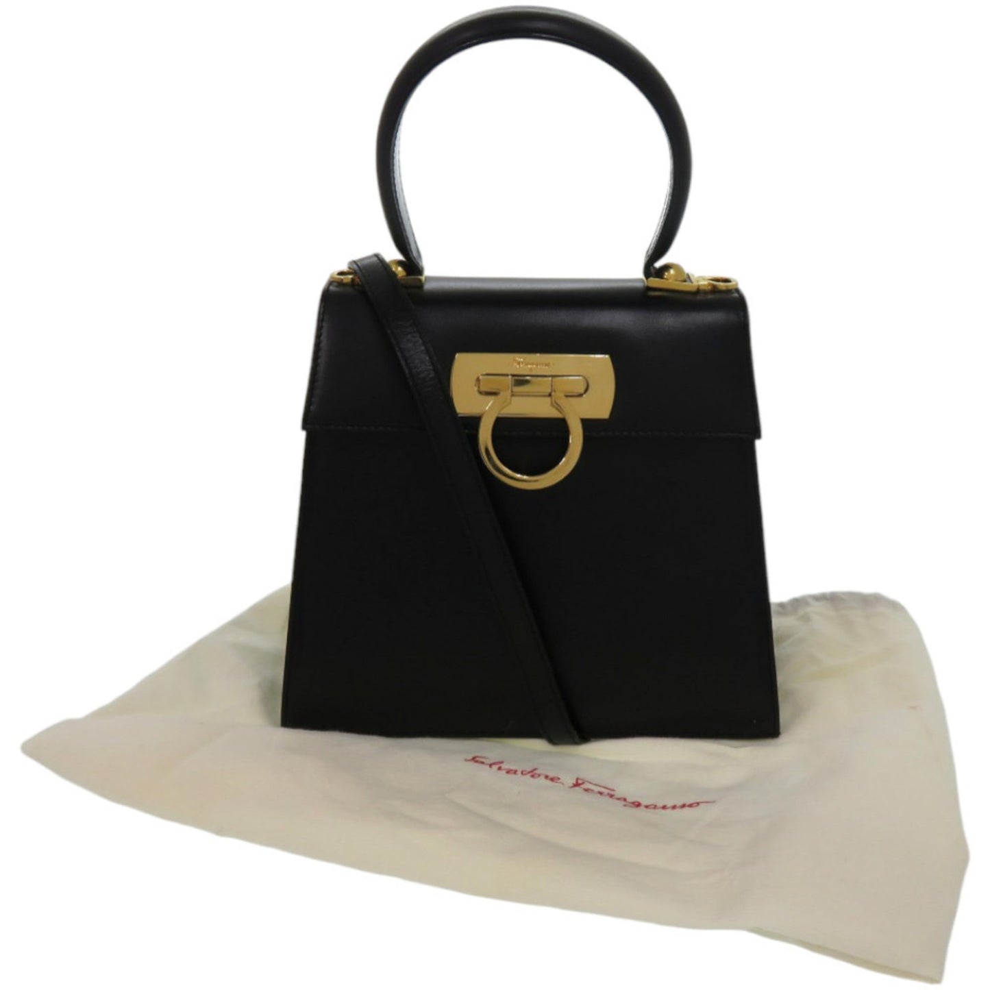 Salvatore Ferragamo Gancini Leather Handbag In Black With Gold Hardware