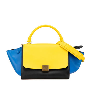 Celine Trapeze Tricolor Handbag Shoulder Bag 2Way Yellow Black Blue Leather