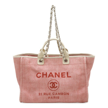 Chanel Deauville Tote Gm Bag Chain Shoulder Canvas Leather Pink White A66941